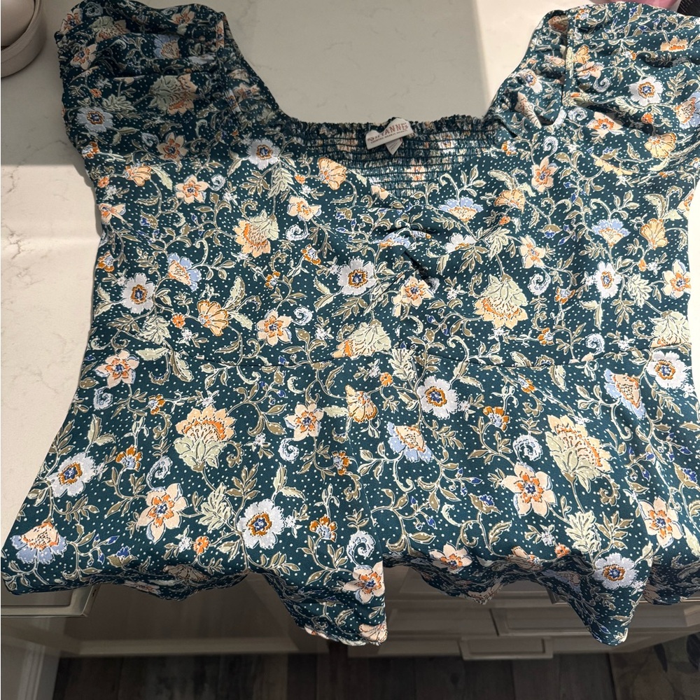 Shyanne Teal Floral Square-Neck Blouse with Puff Sleeves